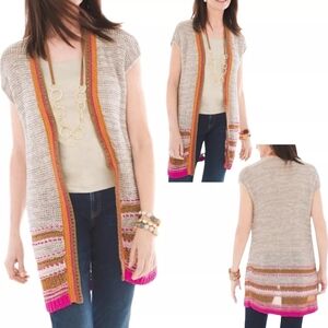 NWT Chico's Boho Tan Pink Metallic Crochet Knit Open Front Tunic Cardigan XL